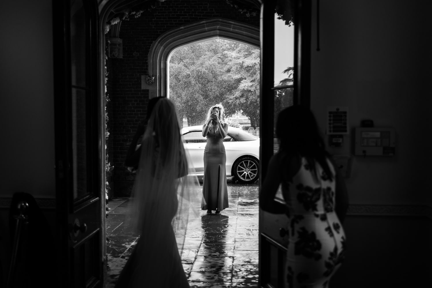 Rainy day wedding reception at Hensol Castle