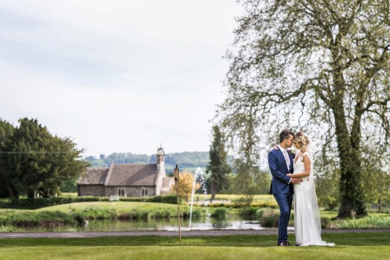 Bride and groom wedding day portraits at Llansantffraed Court, Monmouthshire in South Wales
