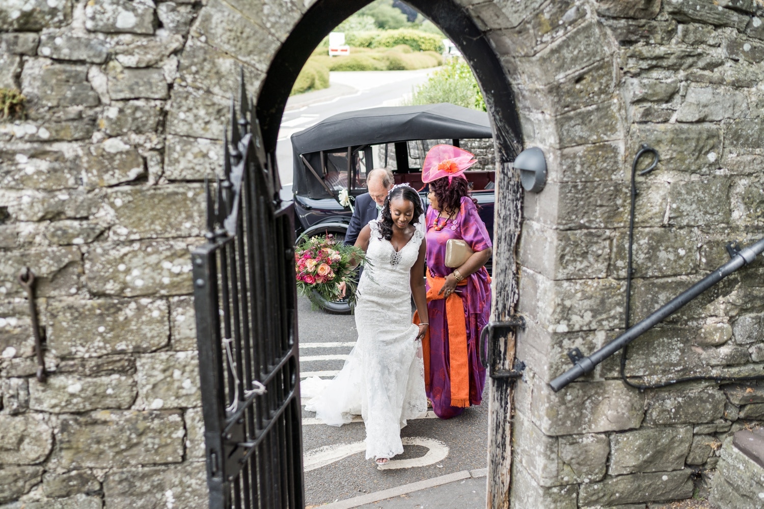 Bride arriving at St Edmund's Church in Crickhowell, South Wales
