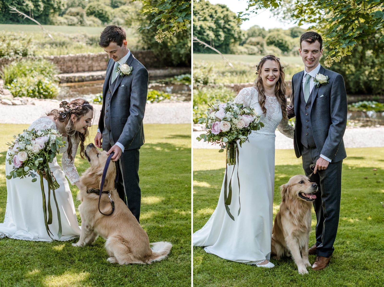 Bride and groom with dog at King Arthur Hotel, South Wales