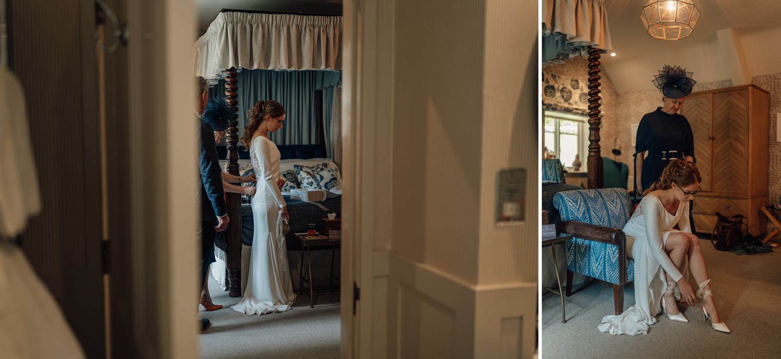 Bride putting on dress and shoes for wedding at Old Gore Barn